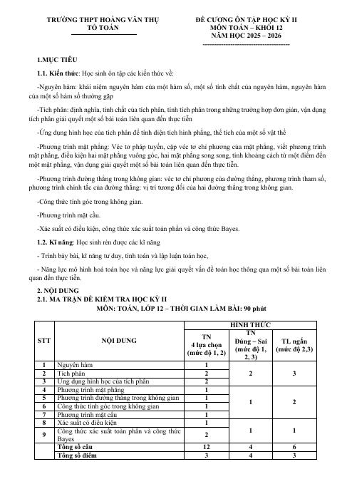 Đề cương cuối kỳ 2 Toán 12 năm 2025 – 2026 trường THPT Hoàng Văn Thụ – Hà Nội